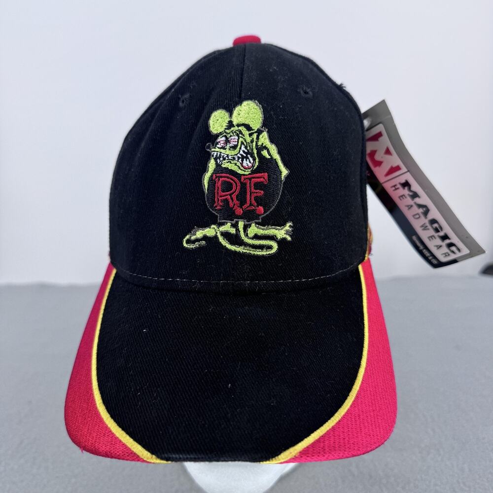 Vintage Rat Fink Magic‎ Hat Cap Strap Back Mens Black Flame Embroidered Hot Rod